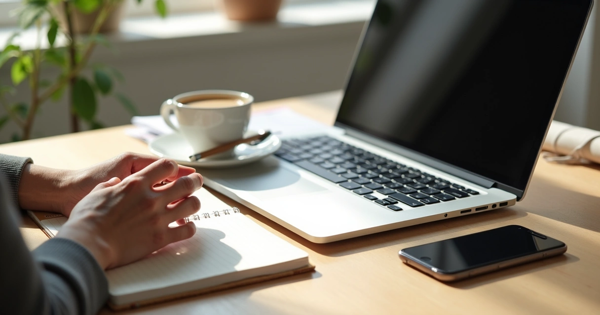 Escritorio de oficina con libreta, café y manos en pausa de respiración 