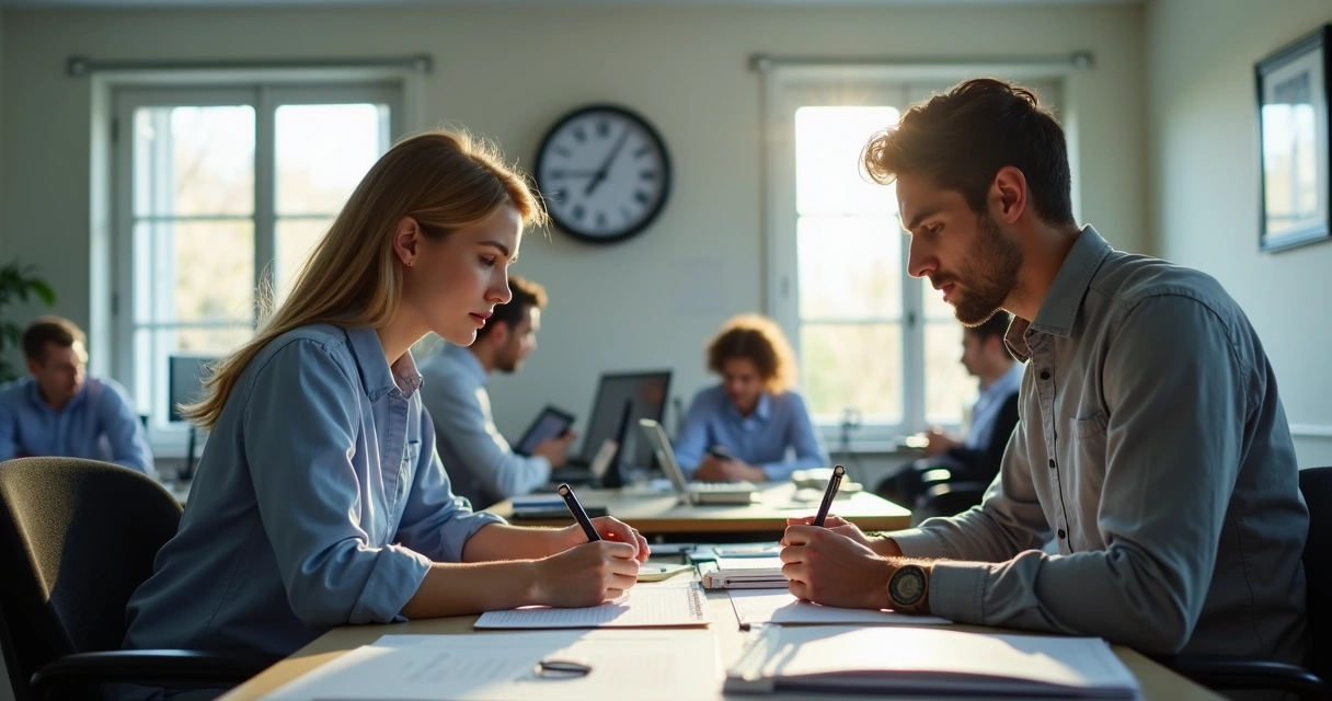 Colaborador preenchendo folha de ponto manual em escritório pequeno 
