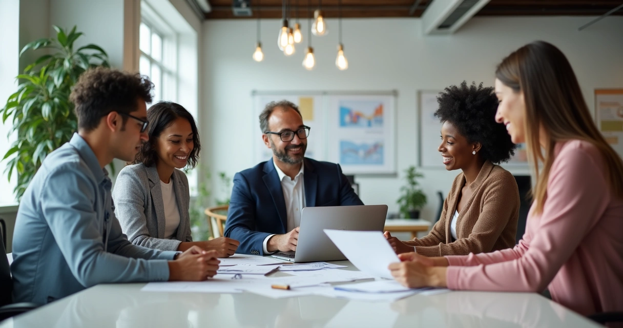 Pequeno grupo de colegas de trabalho reunidos em uma sala clara analisando documentos de plano de saúde 
