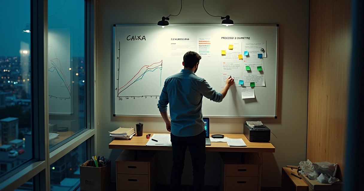 Dono de pequena empresa sozinho em escritório organizando painéis de metas e fluxo de caixa 