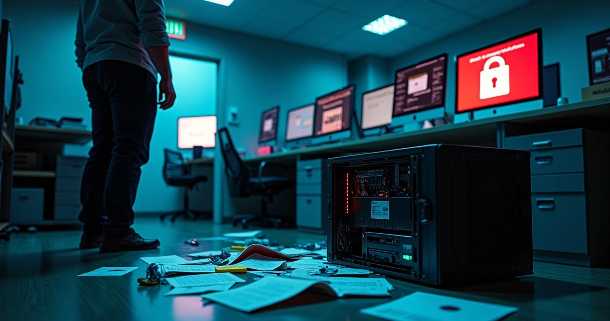 Gestor de pequena empresa em escritório escuro observa servidor caído com papeis no chão 