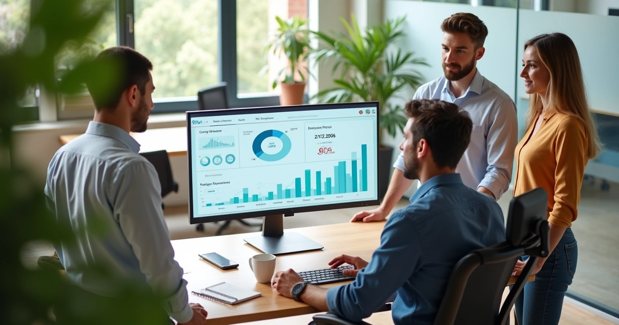 Gestor de pequena empresa usando painel de software de RH em escritório moderno 