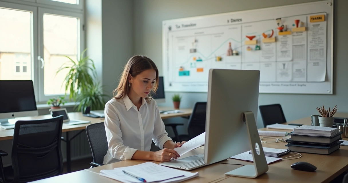 Escritório pequeno de empresa de serviços com papéis organizados e computador