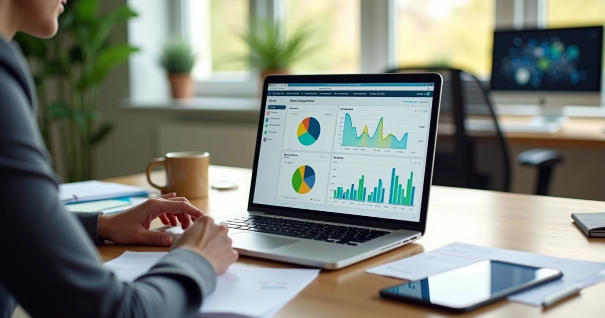 Gestor de pequena empresa usa software financeiro em notebook com gráficos em destaque 