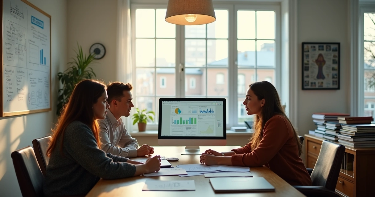Equipe de escritório pequeno discutindo com computador na mesa 