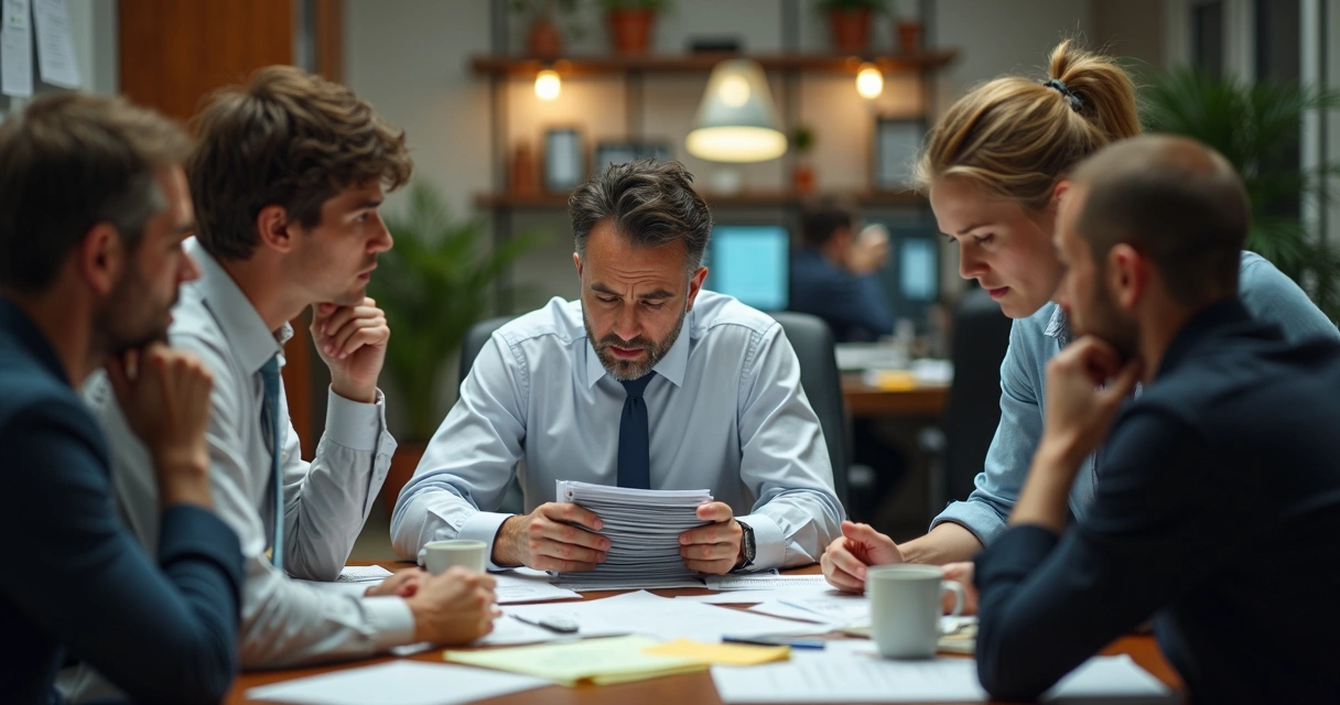 Pessoa em escritório rodeada de papéis e colegas, todos olhando com expressões diferentes 