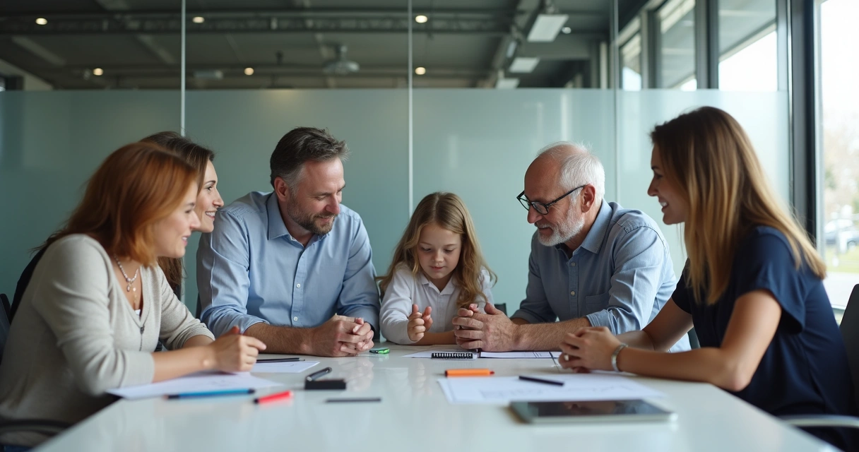 Pais e filhos adultos em um escritório moderno, discutindo estratégias de trabalho juntos. 