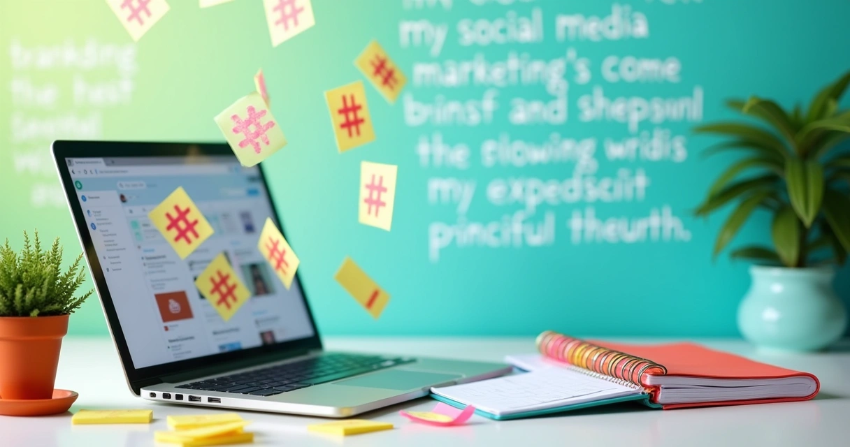 A bright workspace featuring a laptop screen with floating hashtags and sticky notes with trending tags.