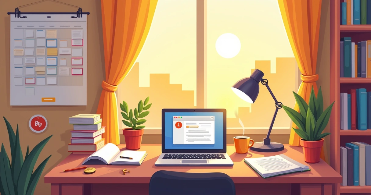 Escritório aconchegante com mesa organizada, laptop mostrando pesquisa, café e calendário de atividades.