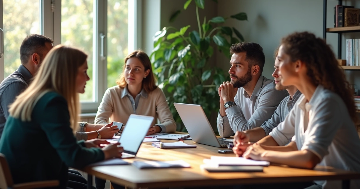 Profissionais atentos conversando em reunião numa mesa de escritório 