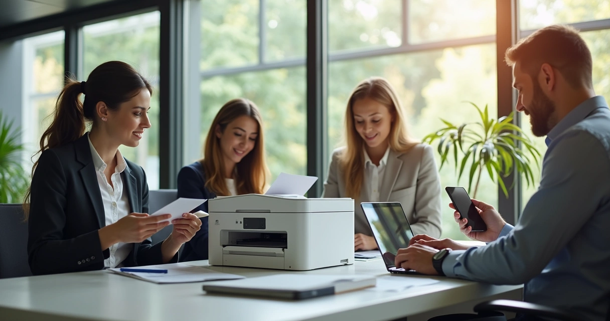 Equipe de escritório utilizando impressora Wi-Fi 