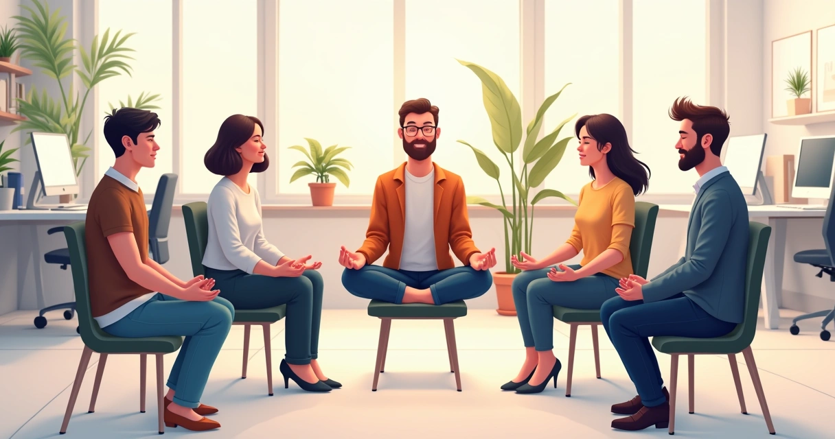 Grupo de colegas meditando em círculo no escritório 