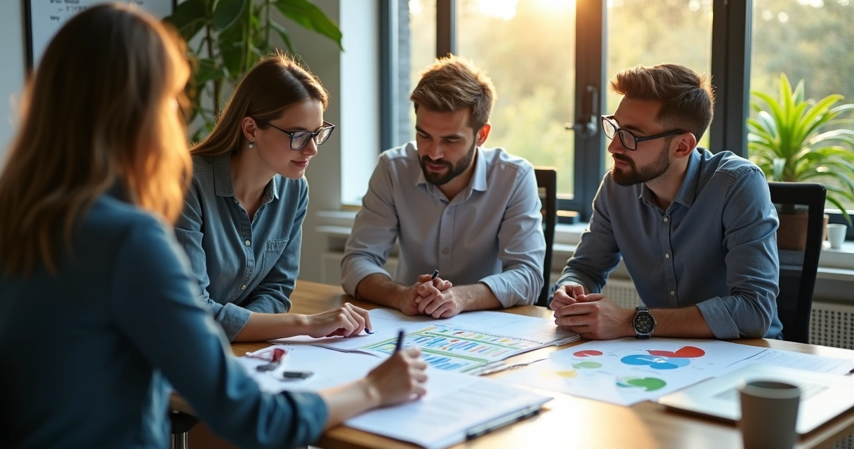 Pessoas discutindo planejamento financeiro em escritório moderno 