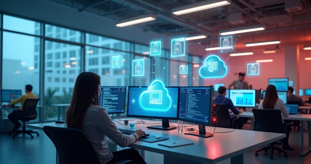 Pessoas em escritório moderno usando computadores 