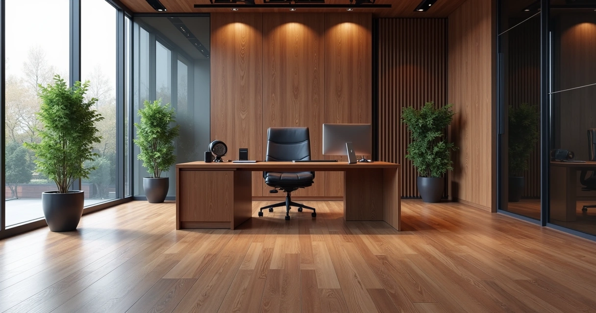 Escritório elegante com piso laminado de madeira e móveis de madeira escura