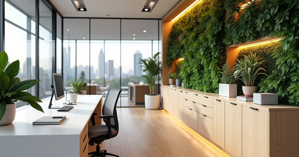 Escritório corporativo planejado com parede de vidro, jardim vertical e estação de trabalho organizada 