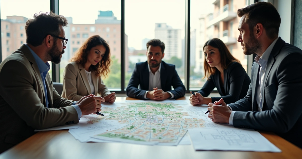 Equipe em reunião analisando plantas e documentos de habitação