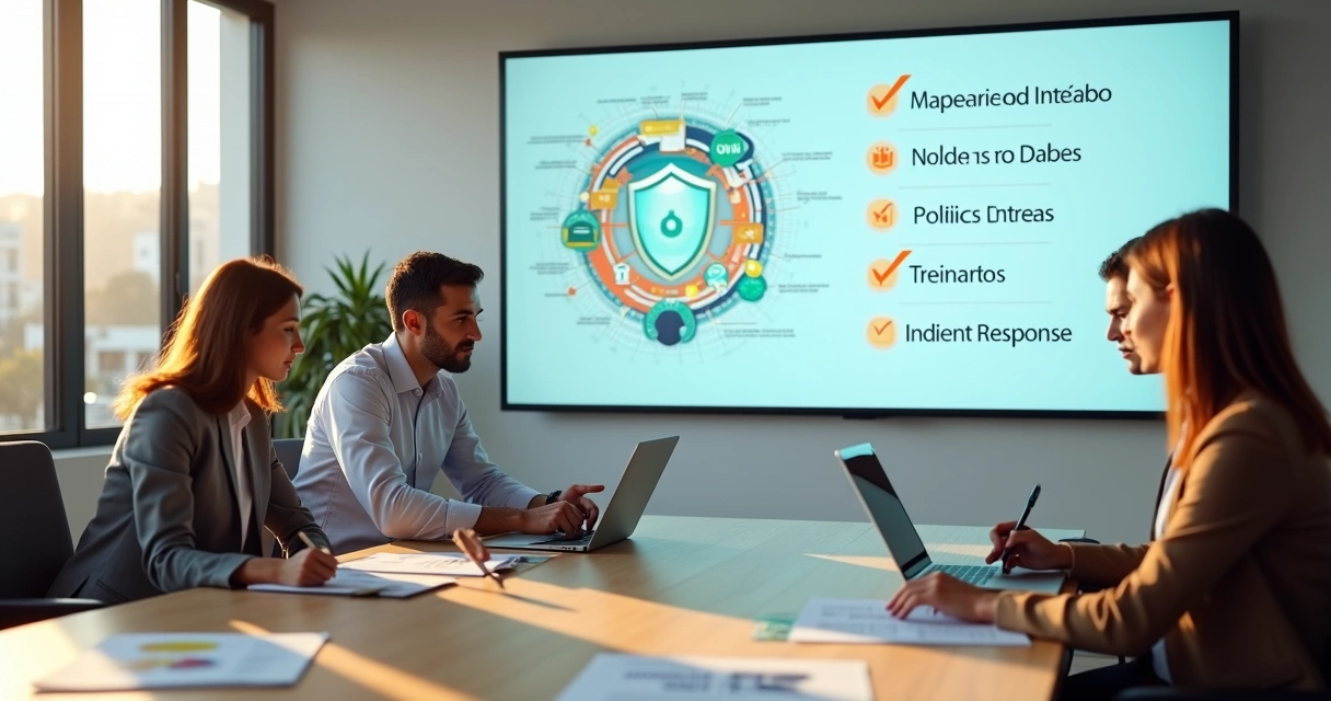 Equipe em escritório planejando adequação à LGPD diante de grande painel de compliance 