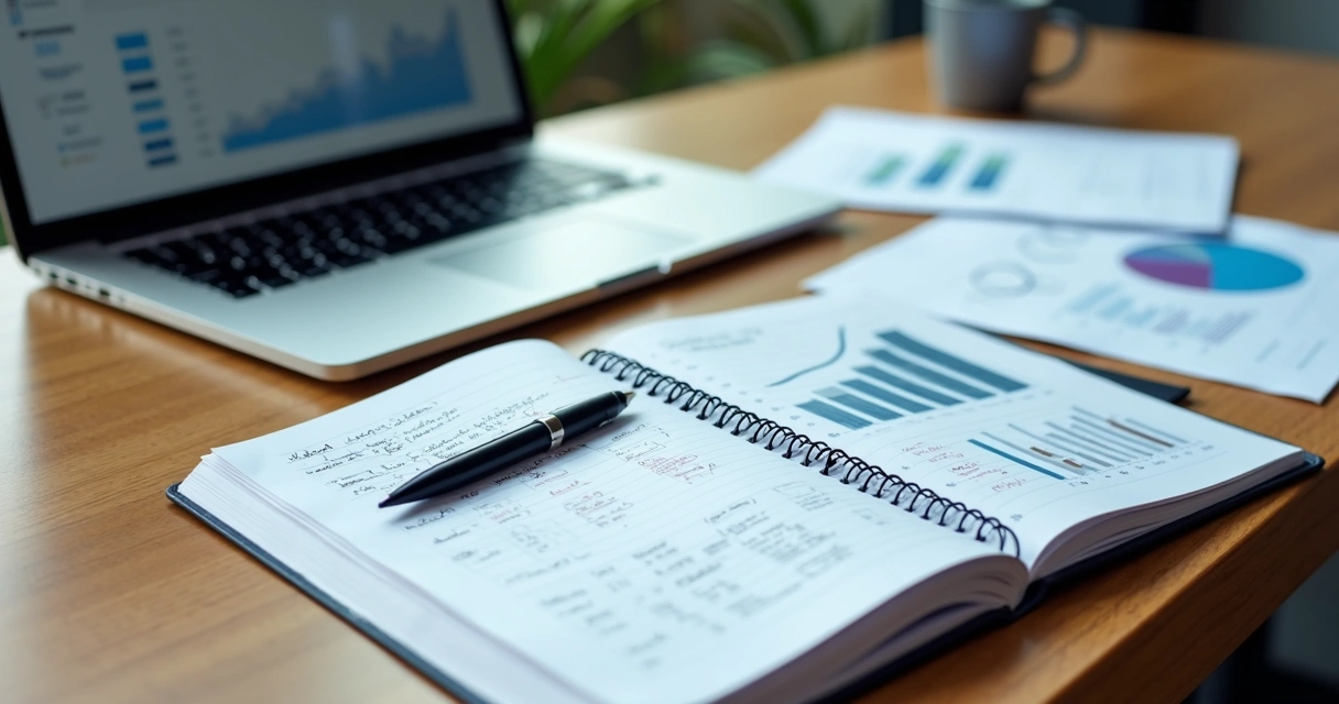 Mesa de escritório com laptop, agenda, caneta e gráficos de negócios espalhados 