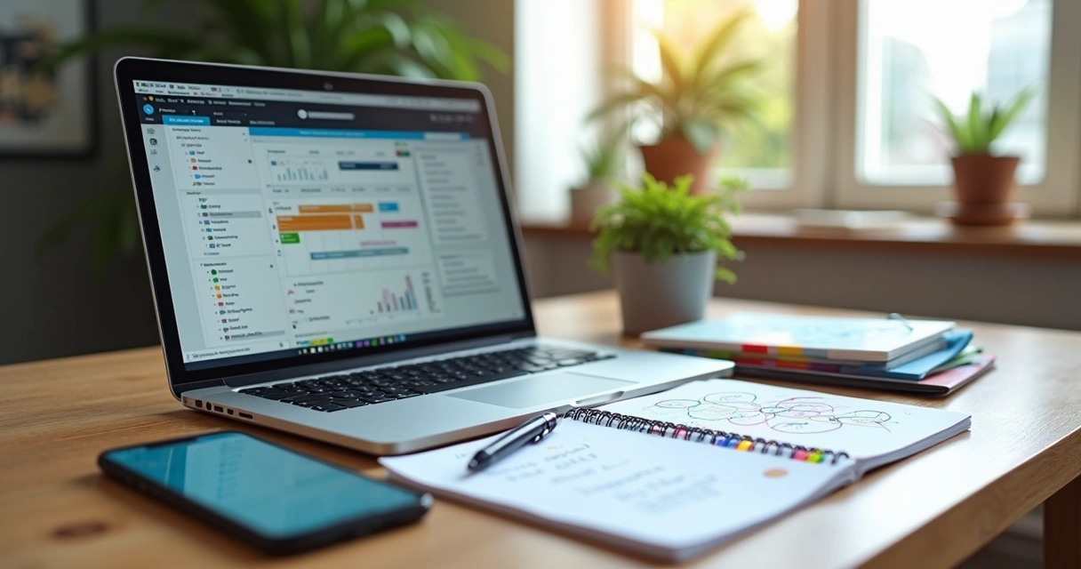 Mesa de escritório com notebook, caderno colorido, caneta e plantas, ambiente claro e moderno para planejamento de software 