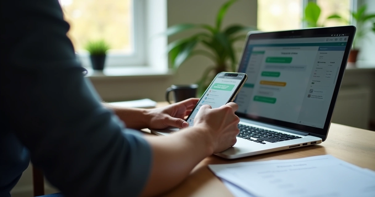 Pessoa usando computador em escritório pequeno enviando mensagem de cobrança pelo WhatsApp