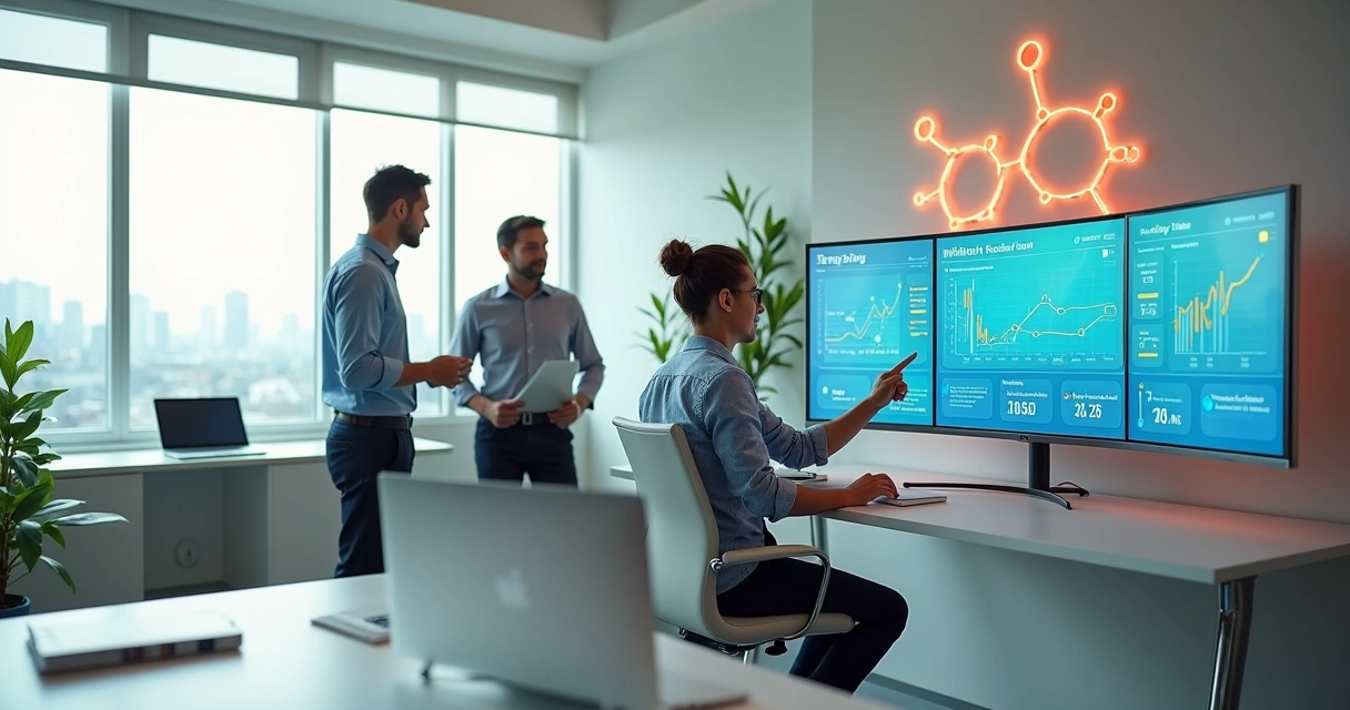 Gestores de PME analisando painel único de RH em tela ampla 