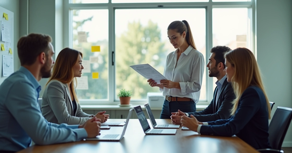 Equipe de PME em reunião sobre políticas básicas, sala de vidro clara 