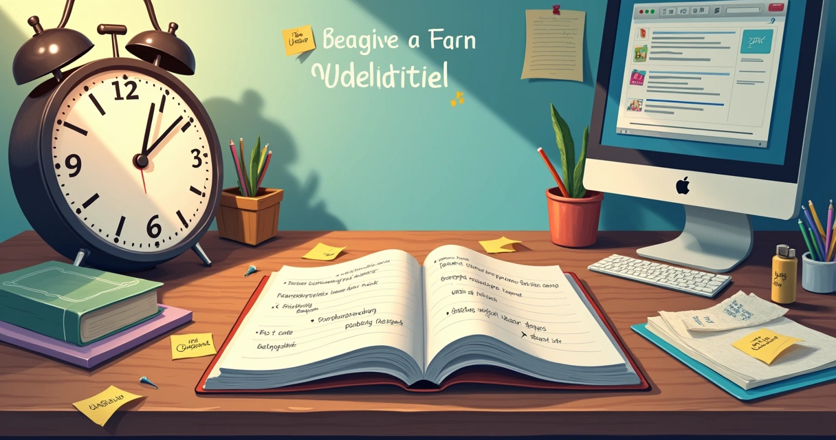 Escritório bagunçado com planejador, notas adesivas de prioridades e relógio, representando erros de priorização.