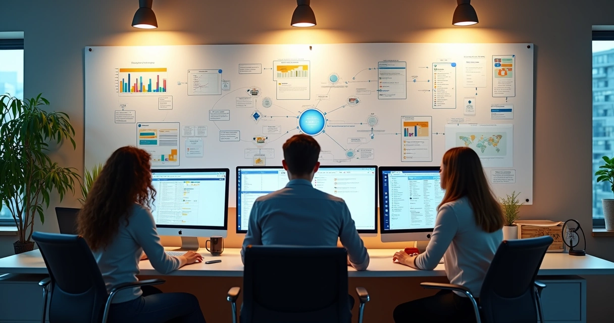 Equipe de escritório trabalhando com computadores e processos automatizados