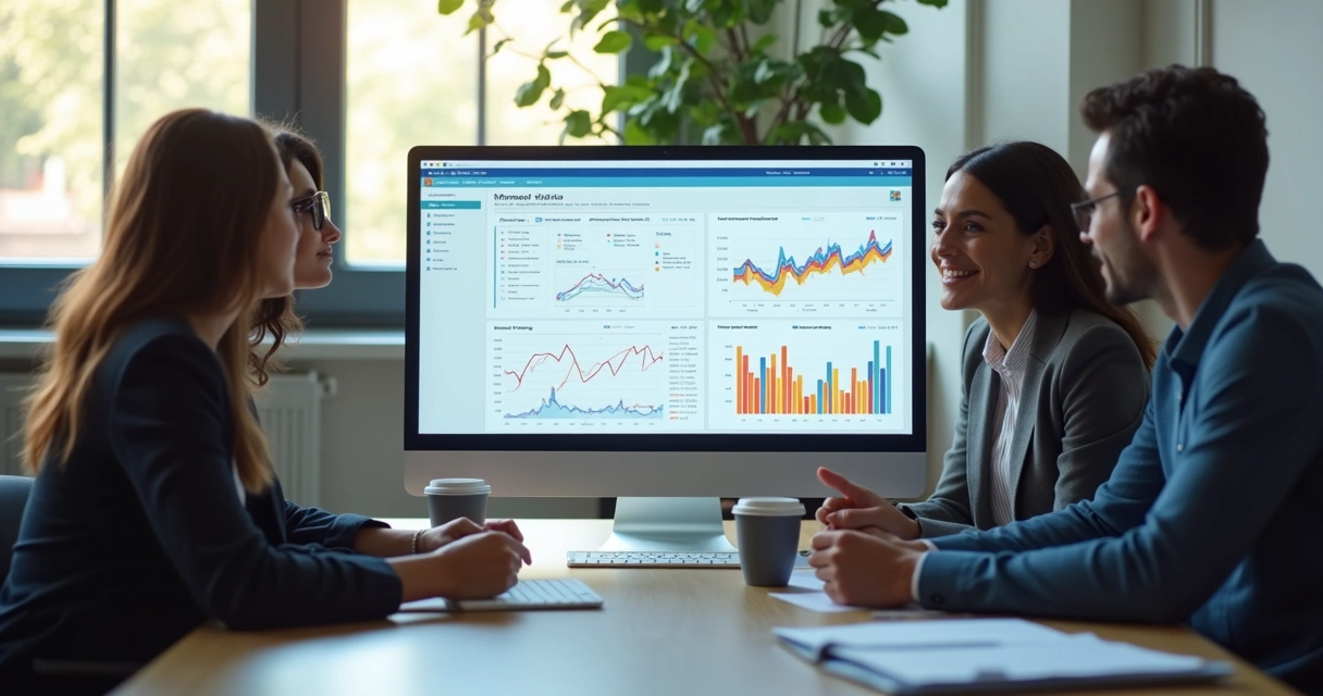 Equipe em escritório com computador exibindo gráficos de IA 