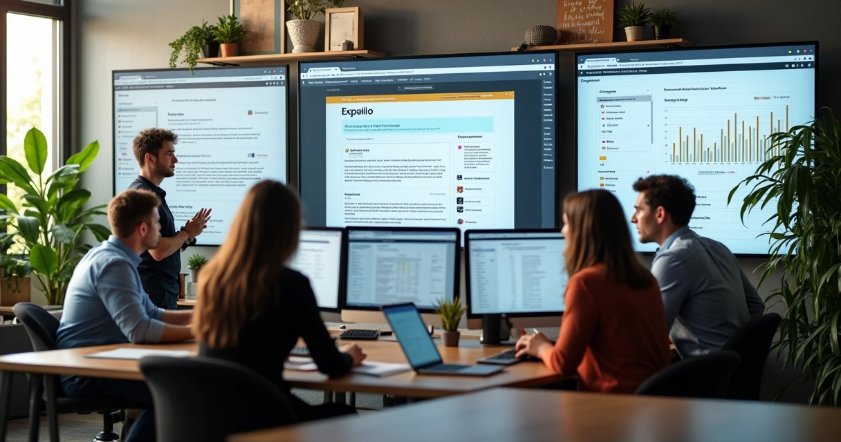 Equipe trabalhando em escritório com automação de blog 