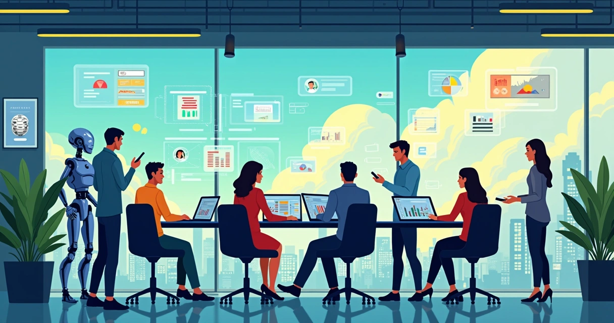 Ambiente de escritório moderno com profissionais usando inteligência artificial para aumentar a produtividade.