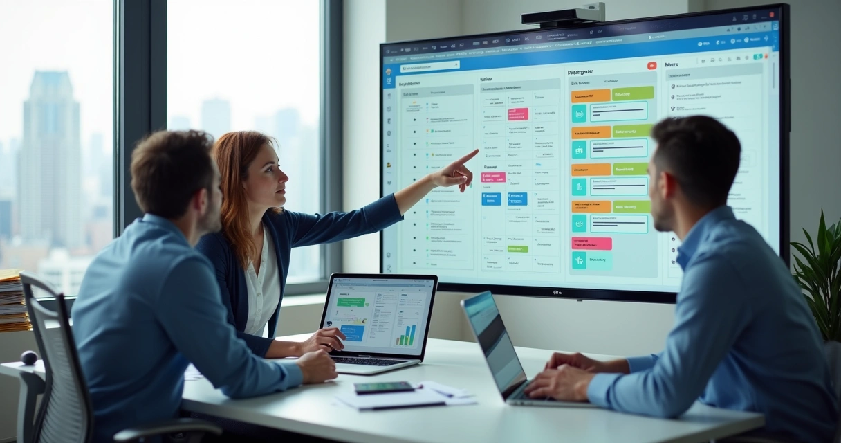 Equipe em escritório moderno usando tecnologia para organizar tarefas e ganhar produtividade 