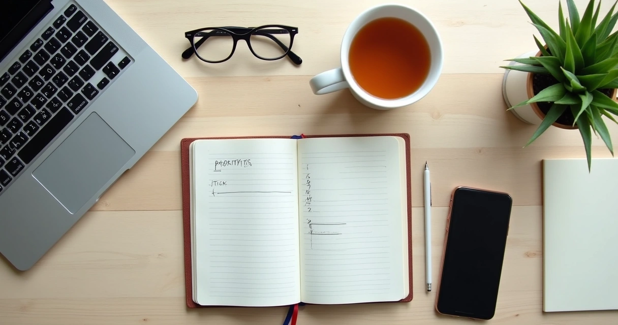 Escritorio con cuaderno abierto y lista de prioridades 