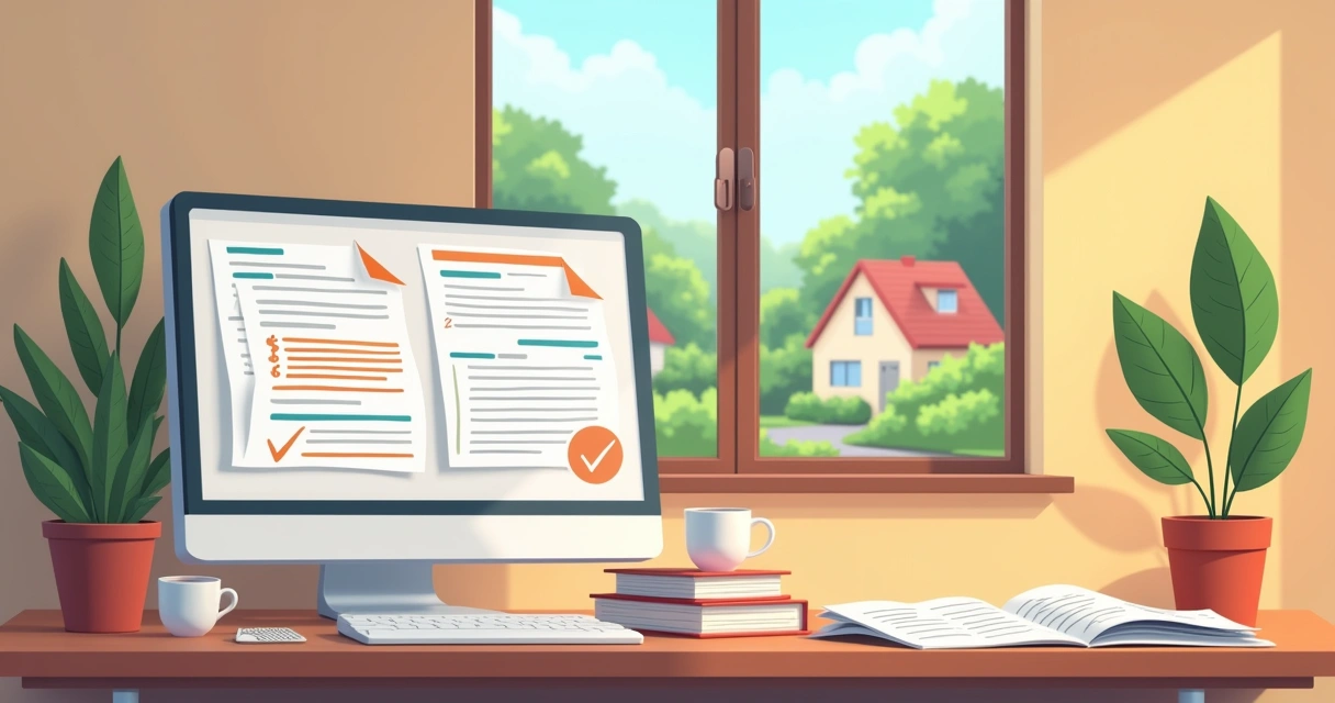 Escritório em casa com documentos sobre regularização imobiliária e computador, transmitindo tranquilidade e segurança financeira.