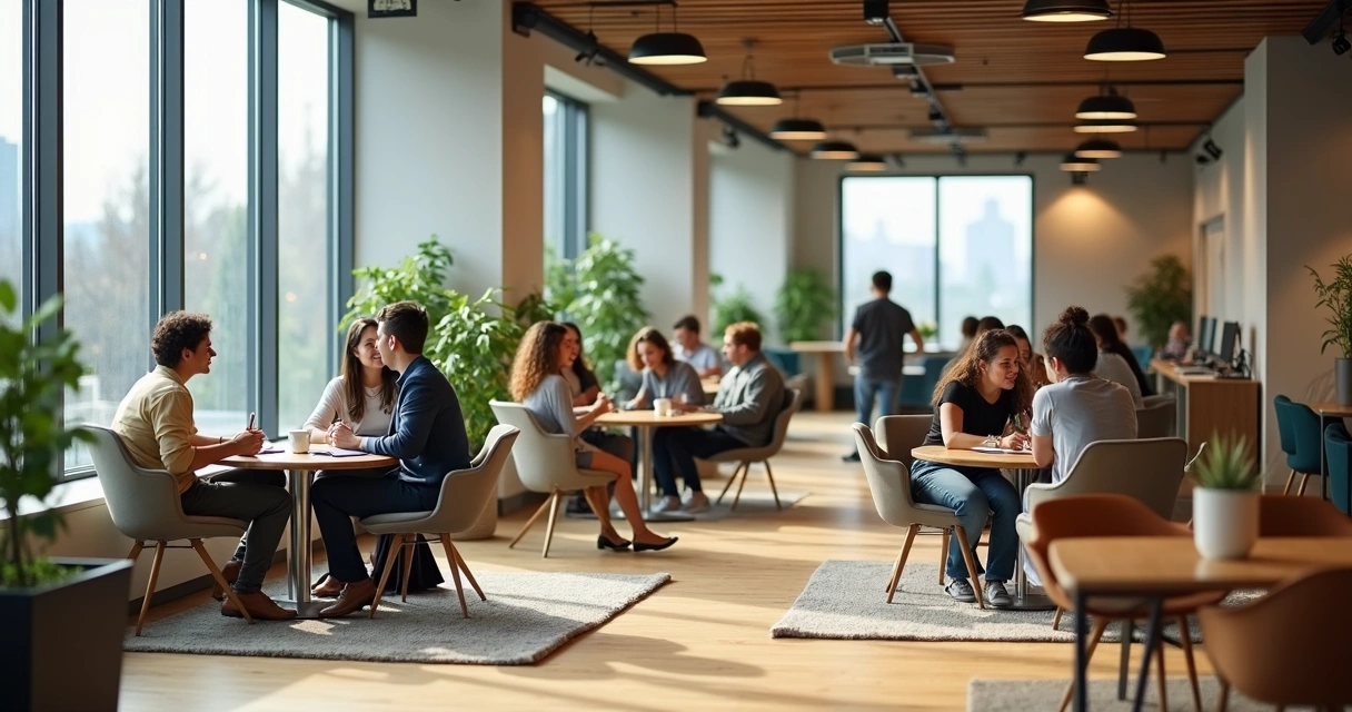 Equipes conversando em escritório aberto com design acolhedor e luz natural 