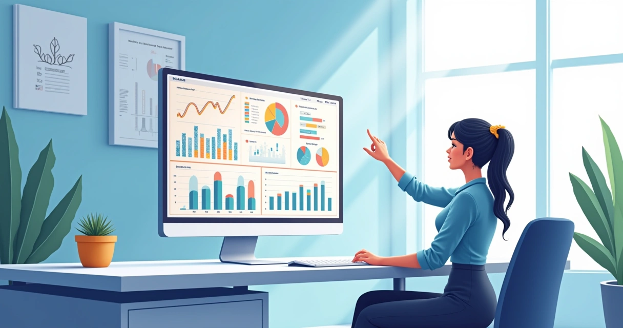 Ambiente de escritório moderno com computador exibindo relatório financeiro dinâmico e gráficos de vendas.