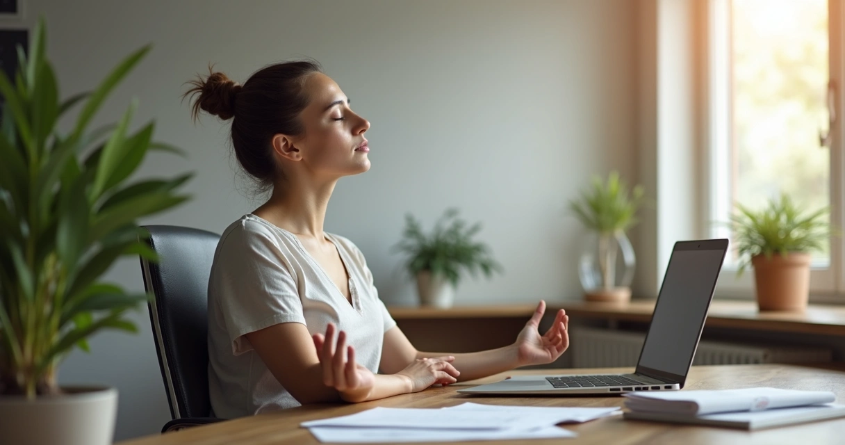 Ambiente de escritório silencioso com uma pessoa praticando meditação na mesa, clima leve e tranquilo 