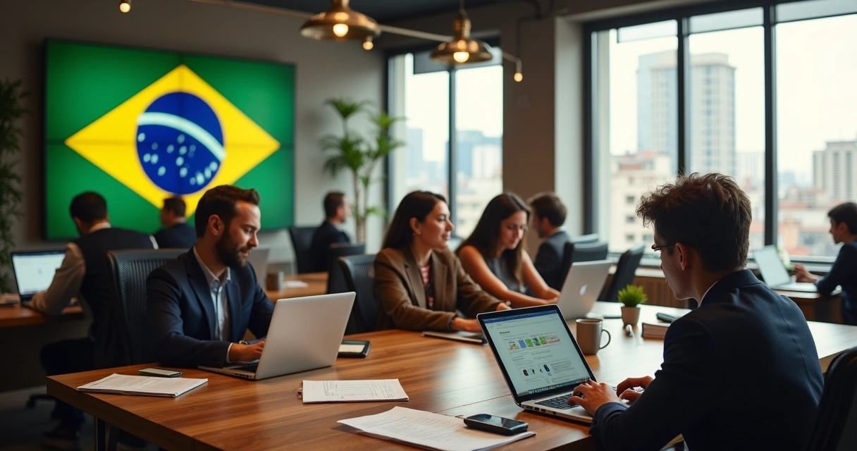 Trabalho remoto nos EUA: regras fiscais para empresas do Brasil 1 Ambiente de escritório moderno com pessoas trabalhando em laptops e bandeiras do Brasil e EUA na parede