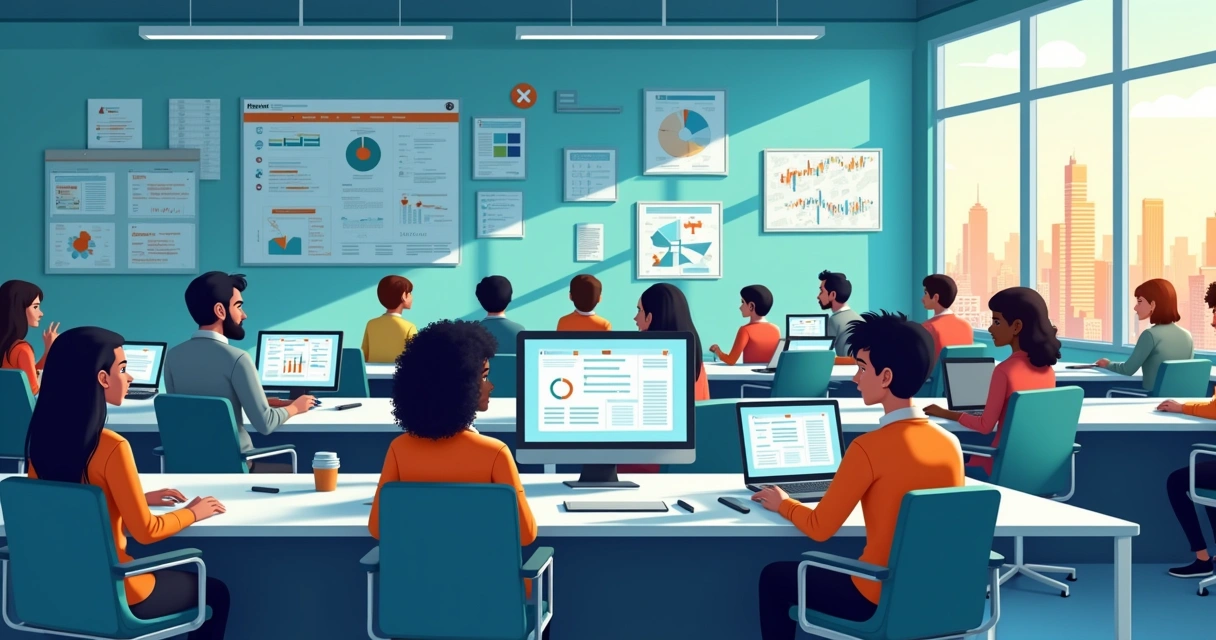 Escritório moderno com equipe diversificada demonstrando resistência à automação. Computador com gráficos complicados ao fundo.