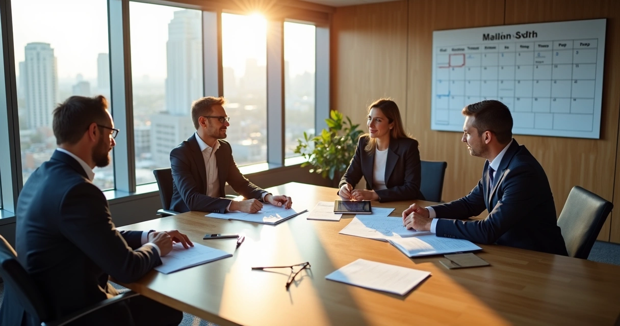 Ambiente de reunião empresarial com contrato de locação sobre a mesa