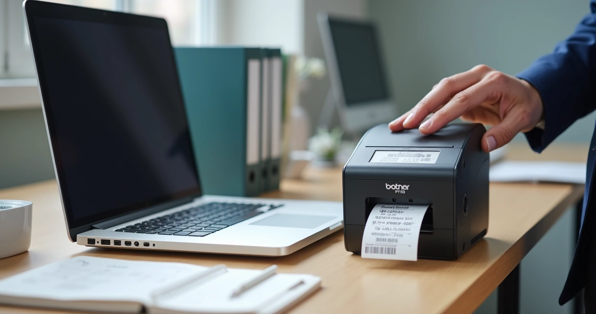 Pessoa usando rotulador Brother em escritório 