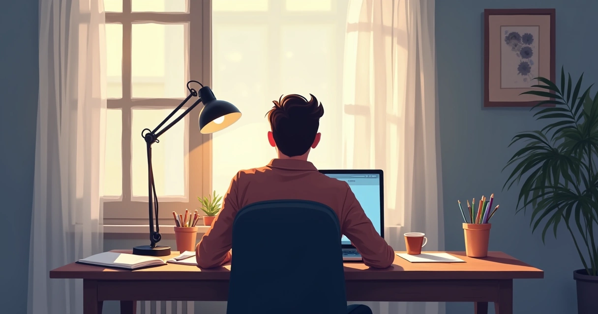 Pessoa sentada em silêncio olhando para tela do notebook em home office 