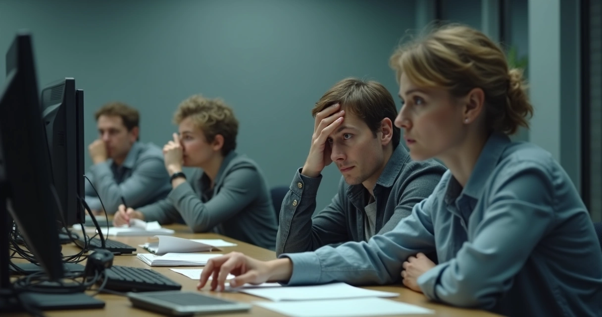 Escritório moderno com pessoas sérias sentadas em silêncio