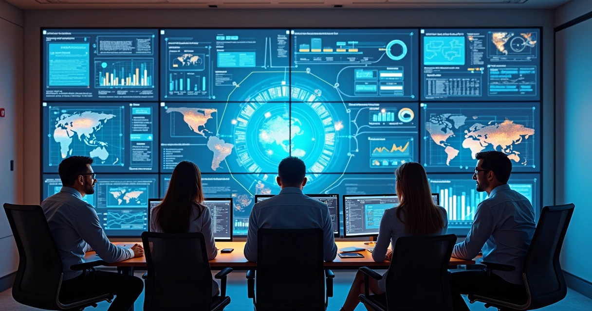 Equipe interagindo com telas de sistemas integrados em escritório moderno 