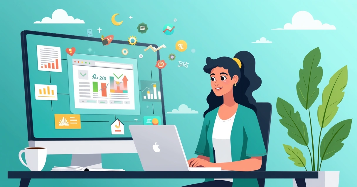 Escritório moderno com computador exibindo software de CRM e gráficos de vendas, promovendo eficiência.