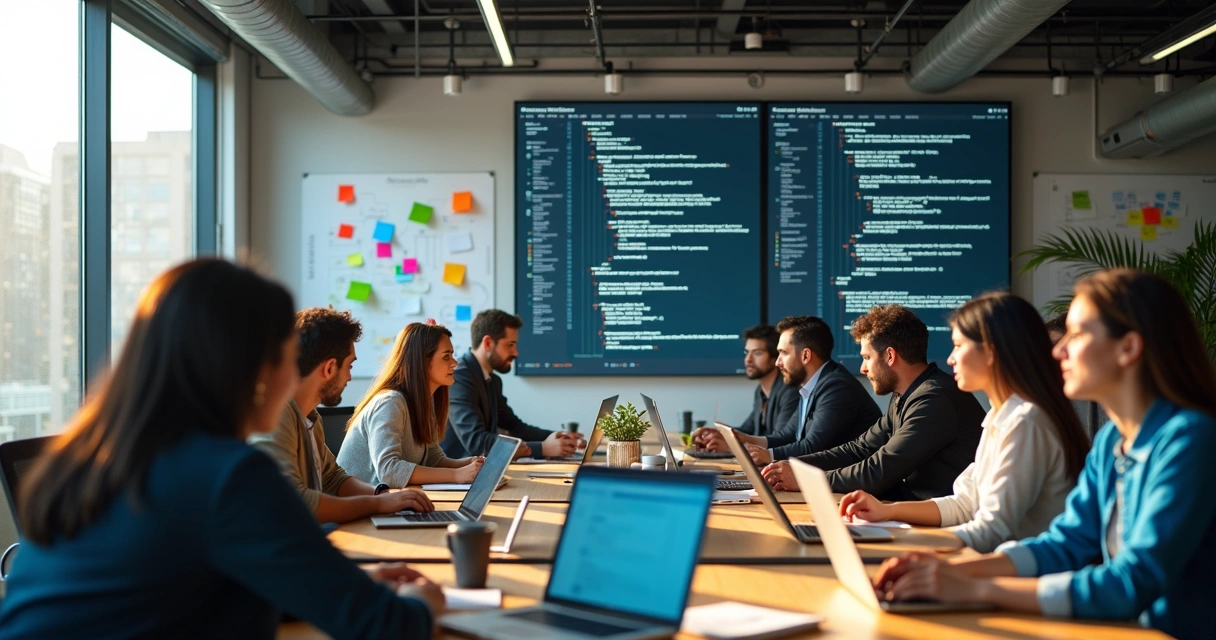 Equipe de software house em escritório colaborativo discutindo projetos 