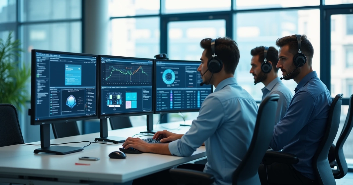 Equipe de TI monitorando diversos monitores em escritório moderno 