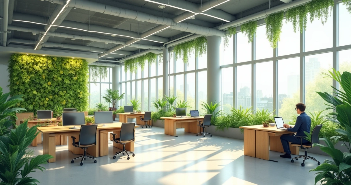 Interior de um escritório moderno com design sustentável, incluindo plantas e iluminação LED.