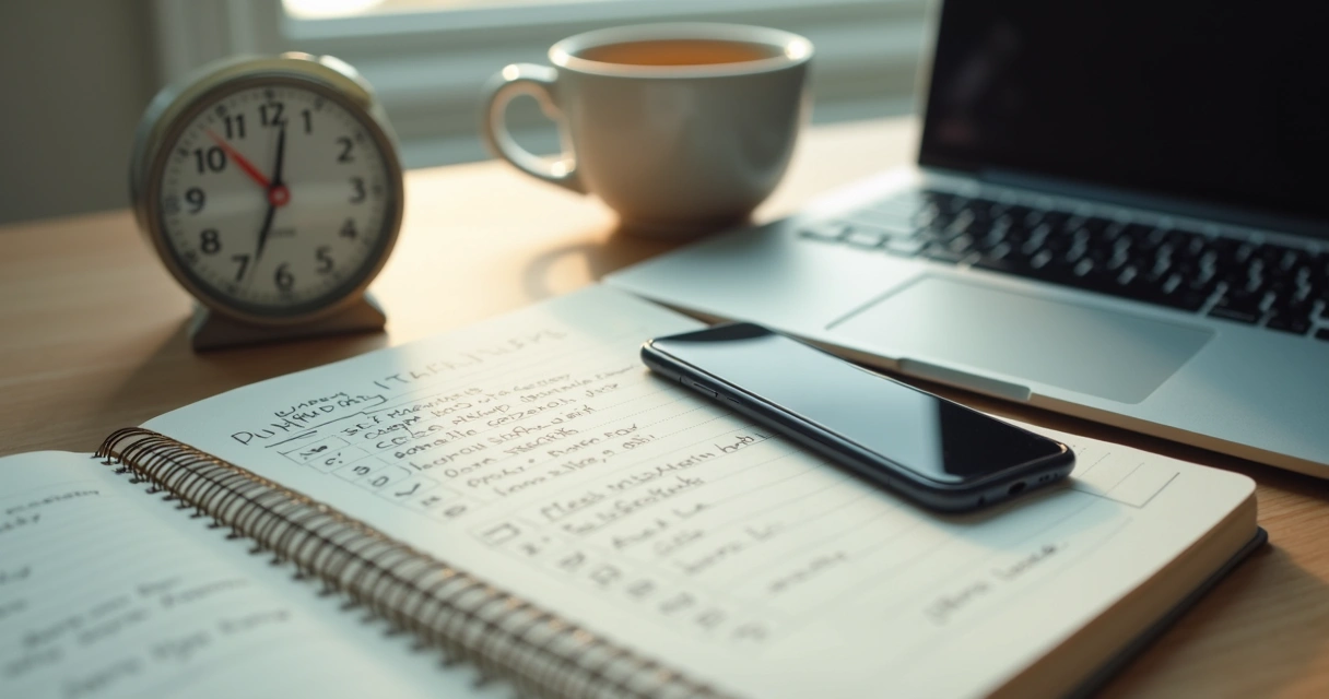 Escritorio con libreta, reloj y tareas pendientes en ambiente sobrio